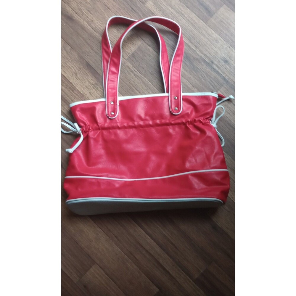Comsi:Comsa, Paris Faux Leather Red With White Trim And Bows On Side Zip Up Tote